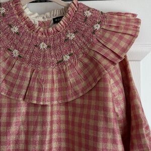 Bonjour Diary Girls Lurex Gingham Ruffle Floral Embroidered Smocked Collar Dress